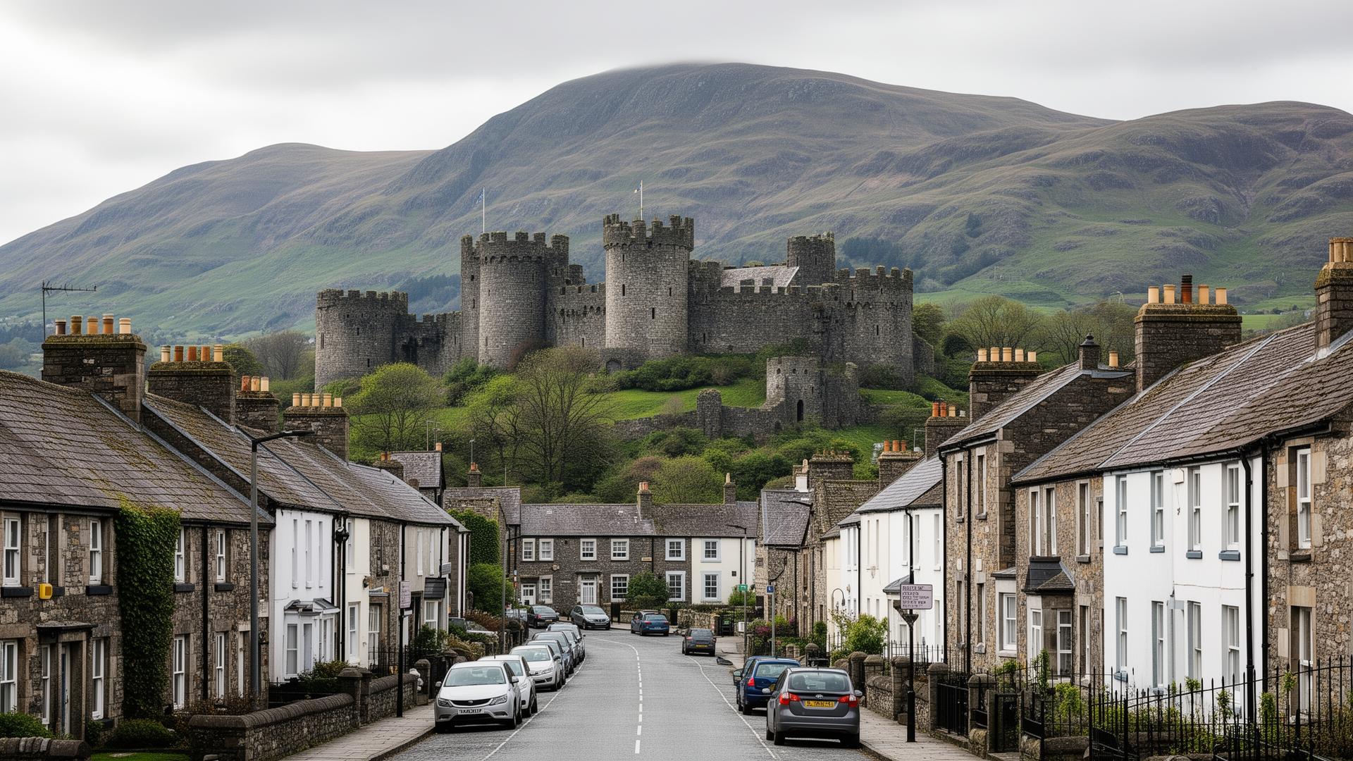 Caerphilly Castle and town centre with residential streets and mountain backdrop