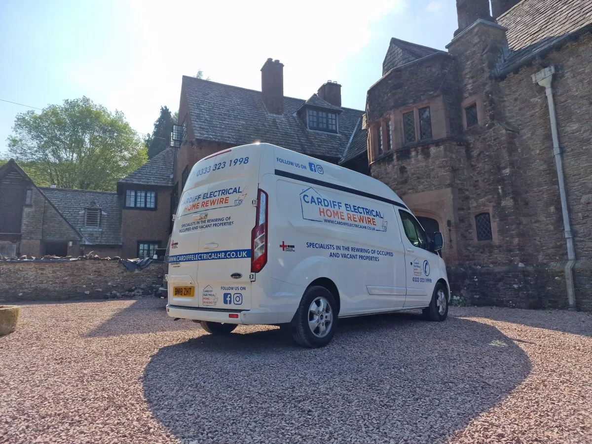 Cardiff Electrical van outside a period property during a house rewire project